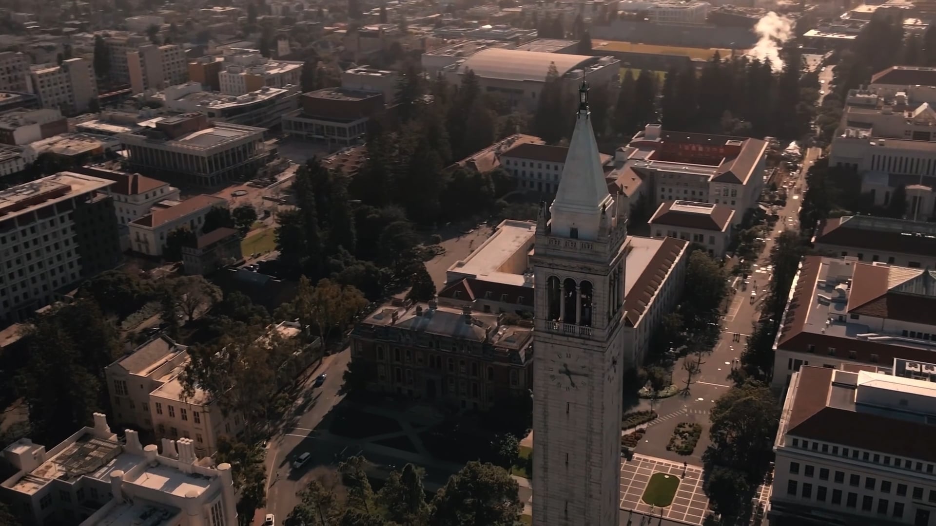 Aerial view of the UC Berkeley campus with the Campanile bell tower at its center